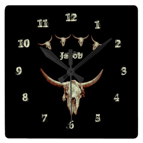 Cow Skull Brown Black Western Country Rustic Style Square Wall Clock