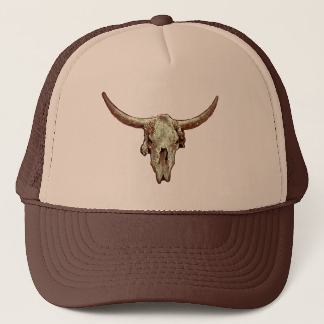 Cow Skull Brown Country Western Rustic Style Trucker Hat (Front)