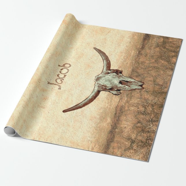Cow Skull Brown Country Western Rustic Style Wrapping Paper (Unrolled)