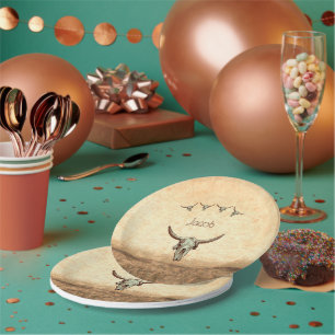 Cow Skull Brown Western Country Rustic Style Paper Plates