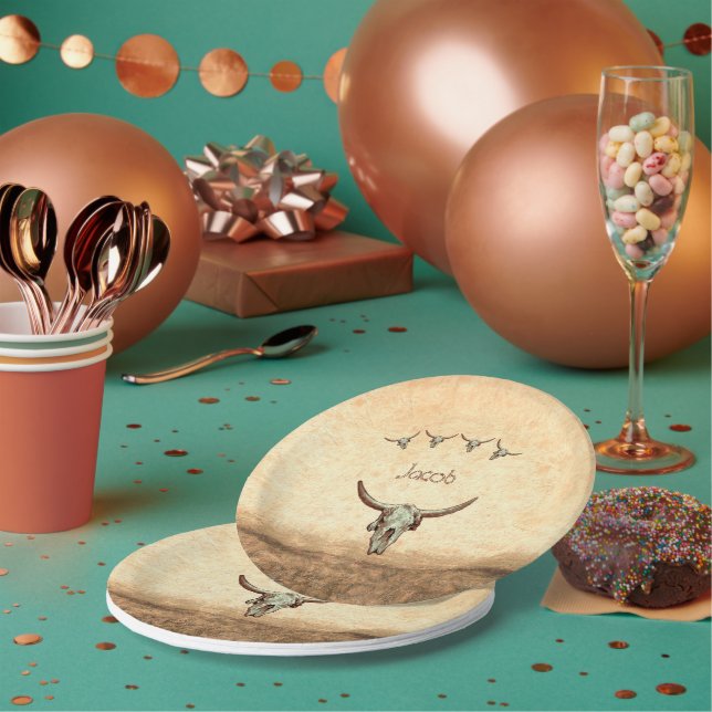 Cow Skull Brown Western Country Rustic Style Paper Plates (Multi)
