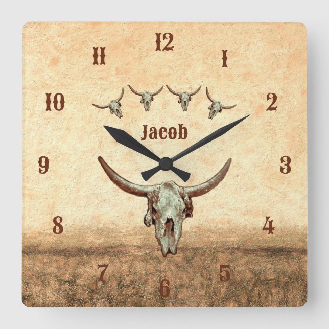 Cow Skull Brown Western Country Rustic Style Square Wall Clock (Front)