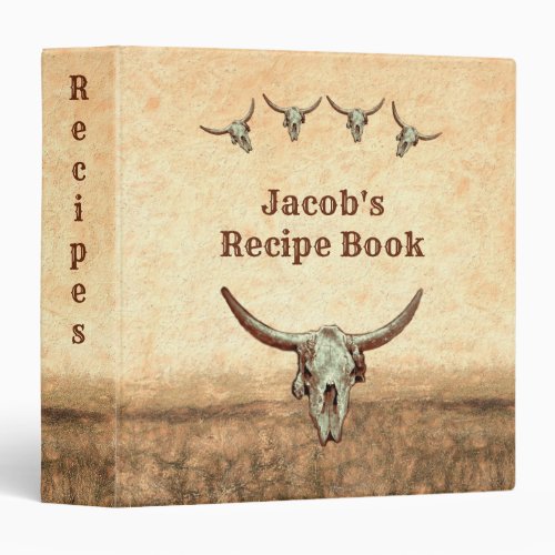 Cow Skull Brown Western Rustic Country Recipe 3 Ring Binder