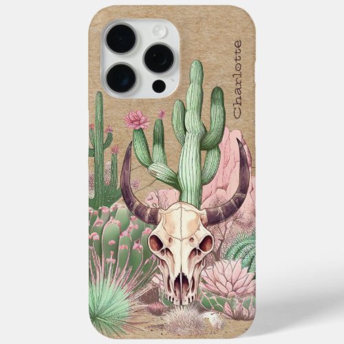 Cow Skull Desert Floral Cactus Personalized Name iPhone 15 Pro Max Case