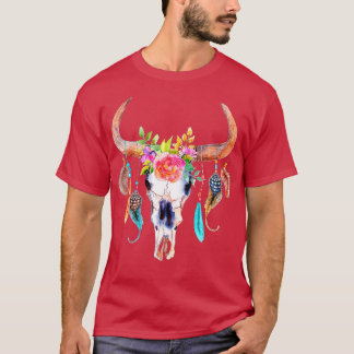Cow Skull  For Women Sugar Flowers Roses Helloween T-Shirt