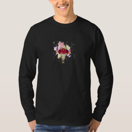 Cow Skull For Women Sugar Flowers Roses Helloween  T_Shirt