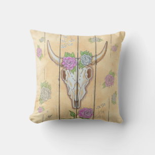 Cow Skull & Roses Throw Pillow - Beige Sand 