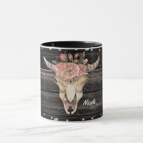 Cow Skull Rustic Glitter Glam Personalized Boho Mug
