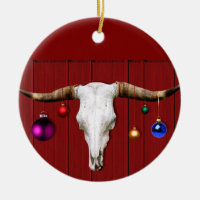 Cow Skull with Christmas Ornaments on Red Barn