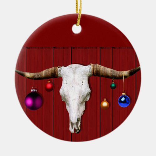 Cow Skull with Christmas Ornaments on Red Barn