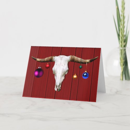 Cow Skull with Christmas Ornaments on Red Barn Holiday Card
