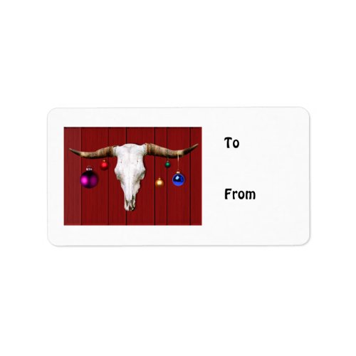 Cow Skull with Christmas Ornaments on Red Barn Label