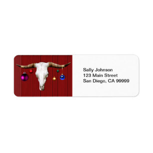 Cow Skull with Christmas Ornaments on Red Barn Label