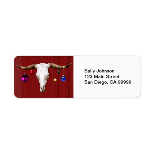 Cow Skull with Christmas Ornaments on Red Barn Label