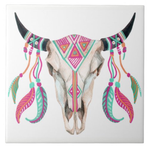 Cow Skull with Dream Catchers Ceramic Tile