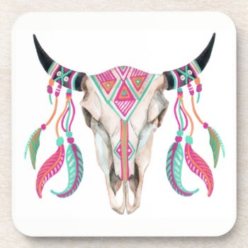 Cow Skull With Dream Catchers Drink Coaster by paul68 at Zazzle