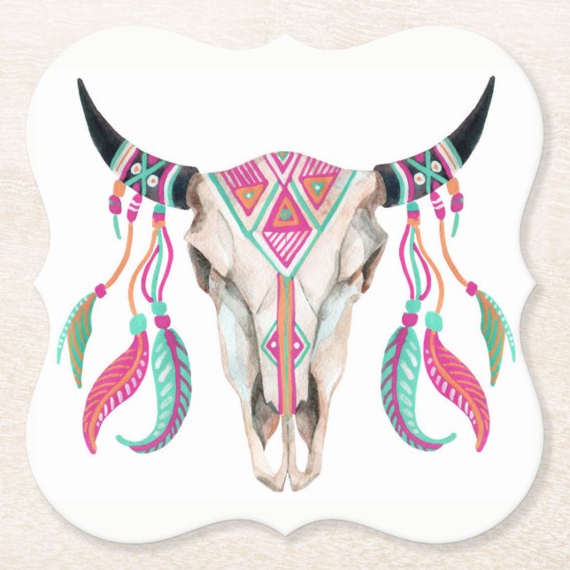 Cow Skull with Dream Catchers Paper Coaster (Front)