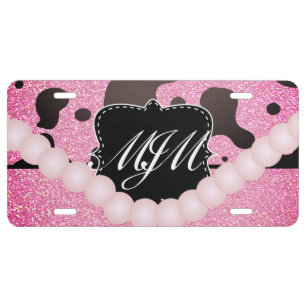  Cow Spots Monogrammed  Glitter Pink Pearls  License Plate
