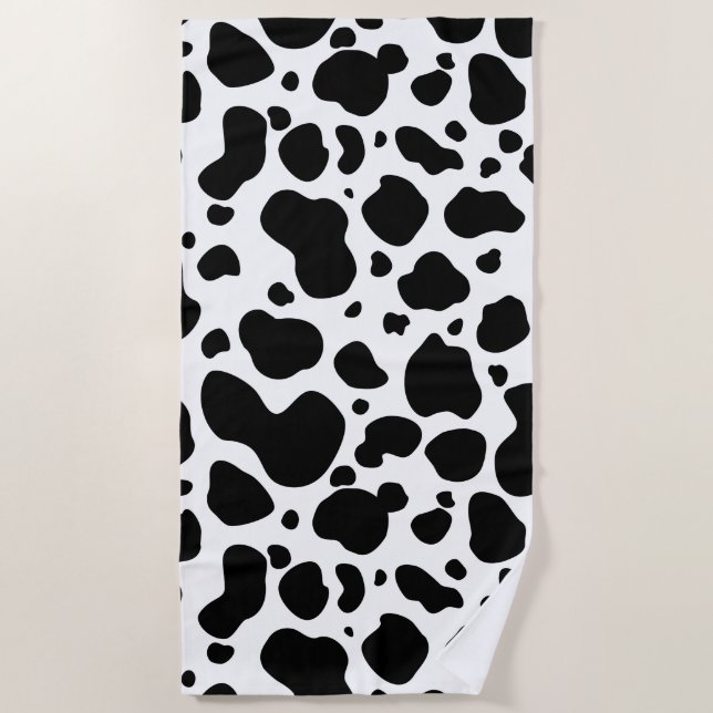 Cow Spots Pattern Black and White Animal Print Beach Towel (Front)
