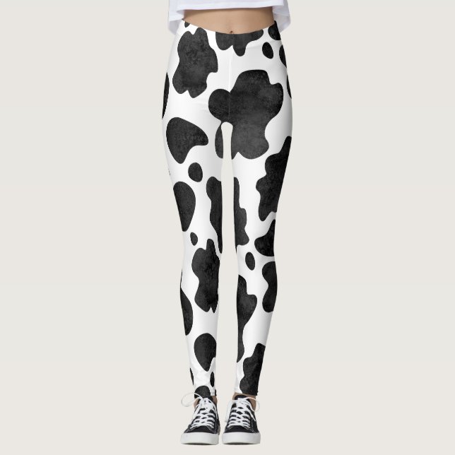Cow Spots Pattern Black and White Animal Print Leggings (Front)