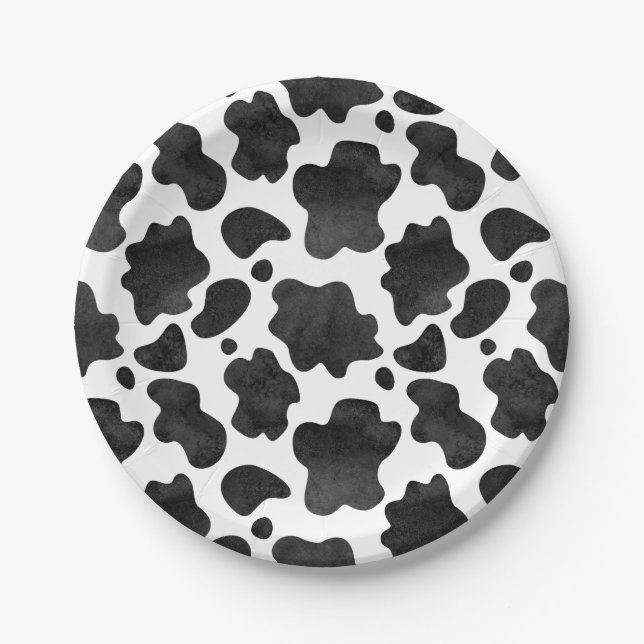 Cow Spots Pattern Black and White Animal Print Paper Plates (Front)
