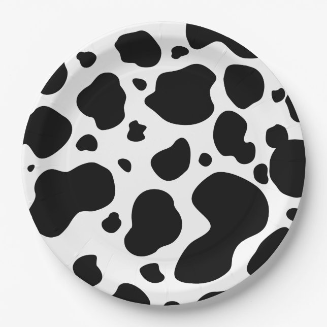 Cow Spots Pattern Black and White Animal Print Paper Plates (Front)