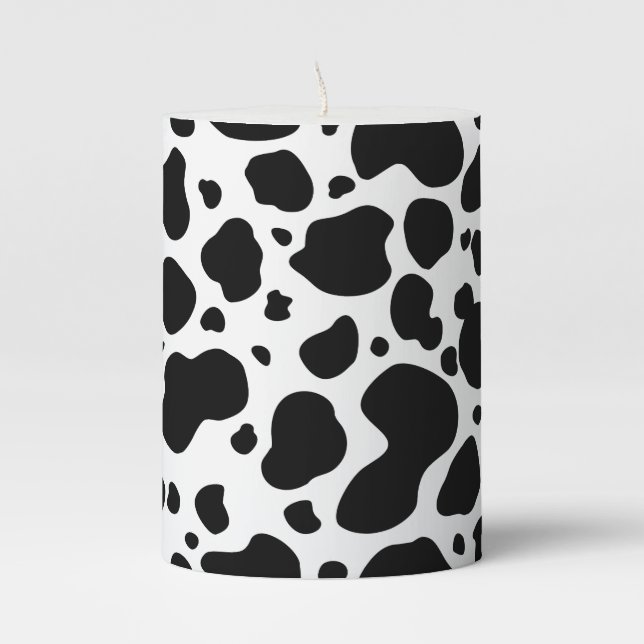 Cow Spots Pattern Black and White Animal Print Pillar Candle (Front)