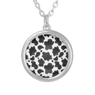 Cow Spots Pattern Black and White Animal Print Silver Plated Necklace