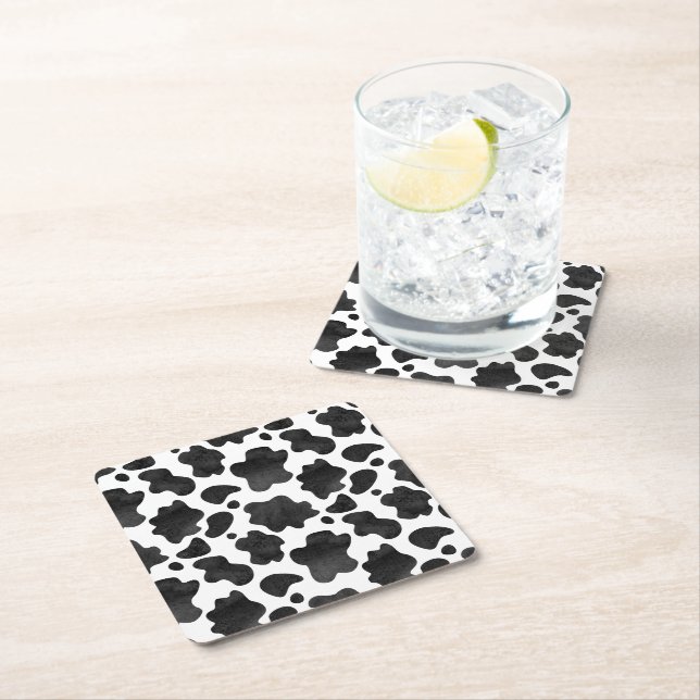 Cow Spots Pattern Black and White Animal Print Square Paper Coaster (Insitu)
