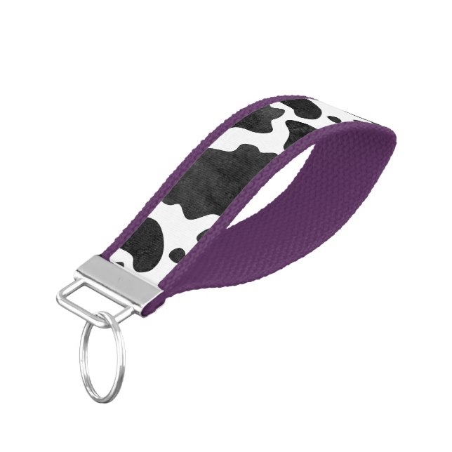 Cow Spots Pattern Black and White Animal Print Wrist Keychain (Angled Down)