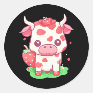 Cow Strawberry Cute Kawaii Pink Pastel Strawberry Classic Round Sticker