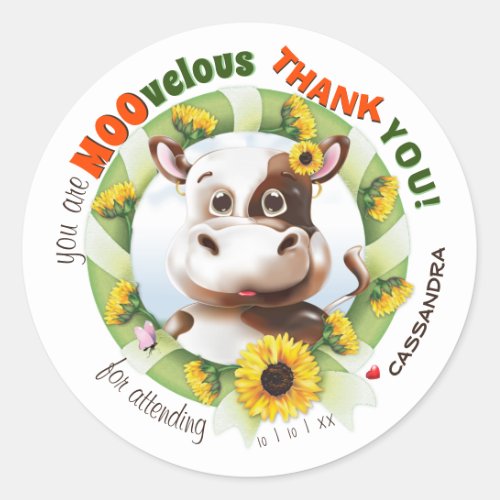 Cow Sunflower Girl Birthday Thank You Classic Round Sticker