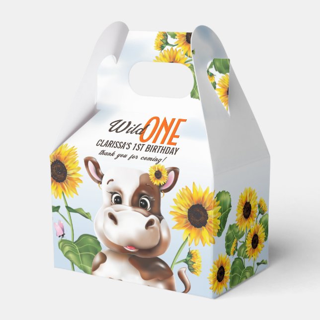 Cow Sunflower Girl First Birthday Favor Boxes (Front Side)