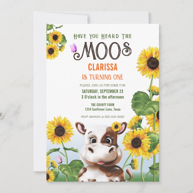 Cow Sunflower Girl First Birthday Invitation (Front)