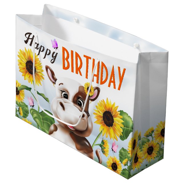 Cow Sunflower Girl First Birthday Large Gift Bag (Front Angled)