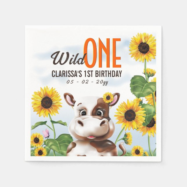Cow Sunflower Girl First Birthday Napkins (Front)