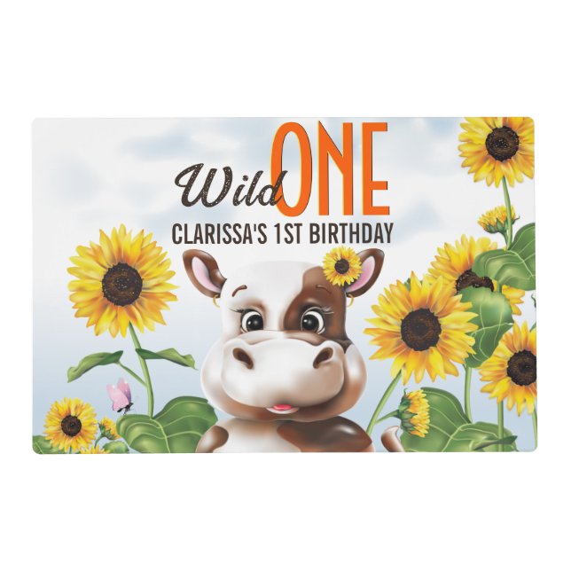 Cow Sunflower Girl First Birthday Placemat (Front)