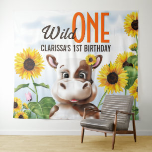 Cow Sunflower Girl First Birthday Tapestry