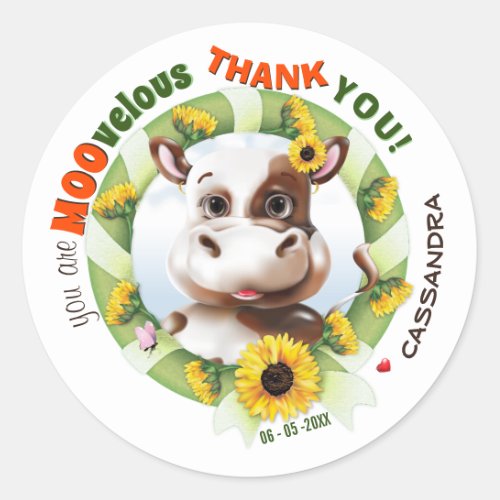 Cow Sunflower Kids Thank You Classic Round Sticker