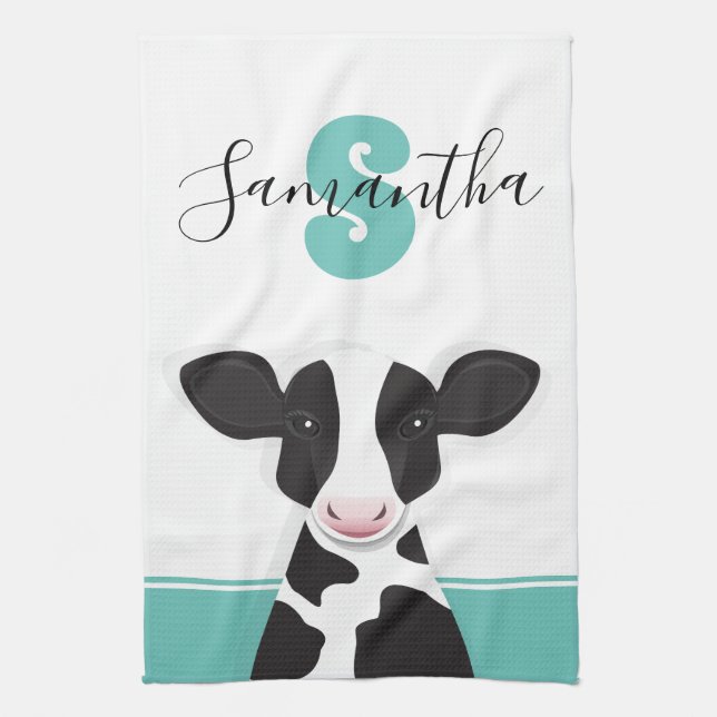 Cow Teal Black White Animal Kitchen Towel (Vertical)