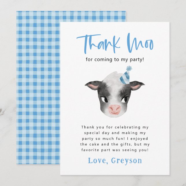 Cow Thank Moo Boy Birthday Party   Thank You Card (Front/Back)