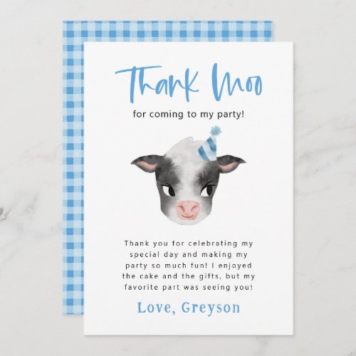 Cow Thank Moo Boy Birthday Party   Thank You Card