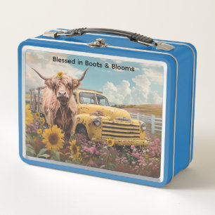 Cow Vintage Truck Sunflowers Metal Lunch Box