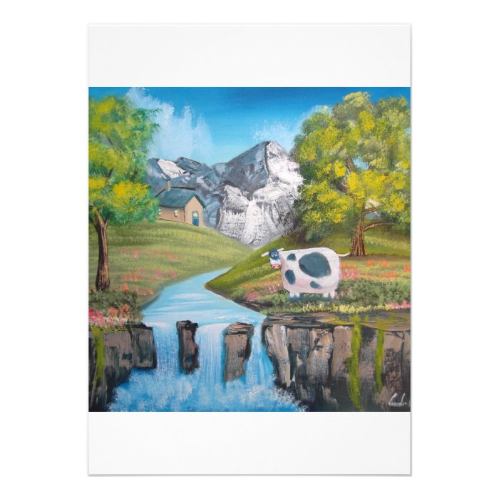 Cow waterfall folk art oil painting by G Bruce Custom Announcement