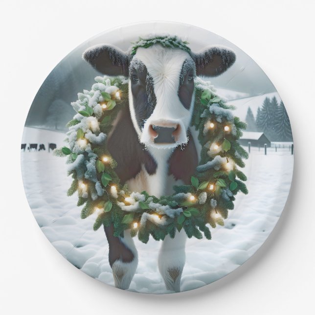 Cow Wearing a Christmas Wreath Paper Plates (Front)
