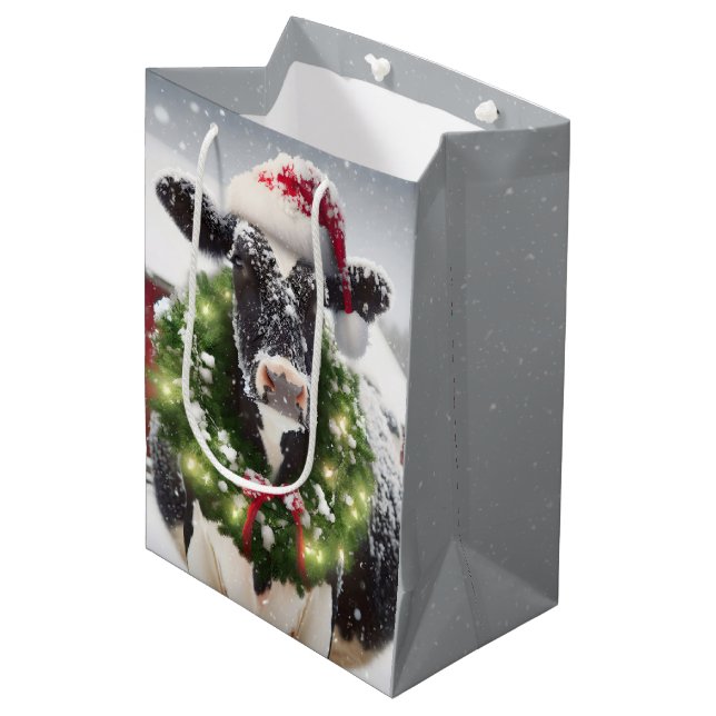 Cow Wearing Christmas Wreath Medium Gift Bag (Front Angled)