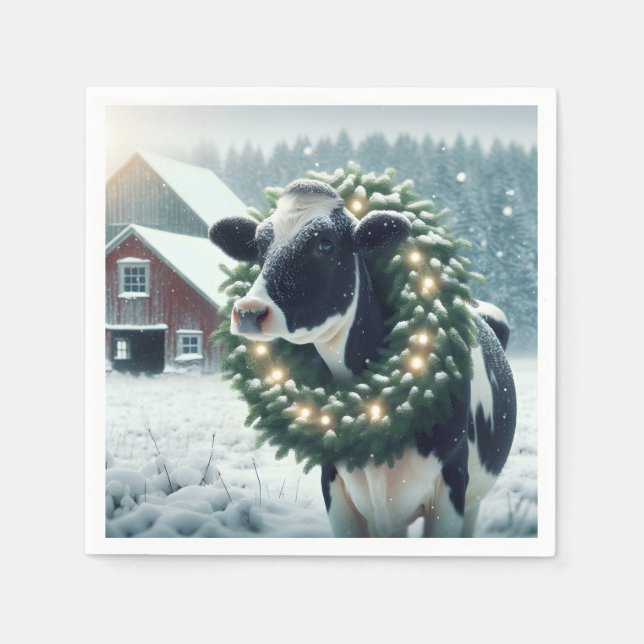 Cow Wearing Glowing Christmas Wreath Napkins (Front)