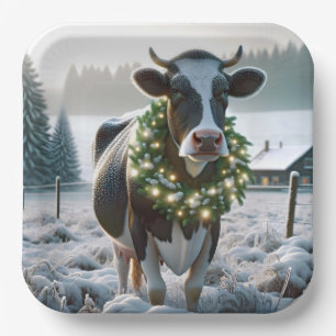 Cow Wearing Glowing Christmas Wreath Paper Plates