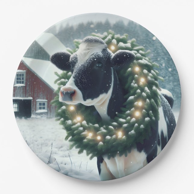 Cow Wearing Glowing Christmas Wreath Paper Plates (Front)