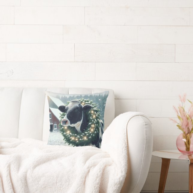 Cow Wearing Lighted Christmas Wreath Throw Pillow (Couch)